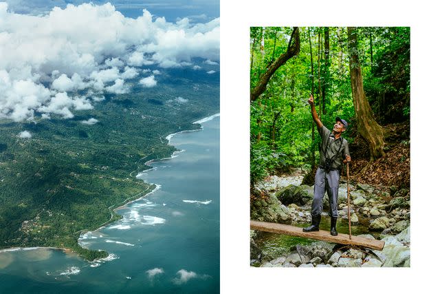 <p>Jake Naughton</p> From left: The Osa Peninsula, as seen from the air; Edwin Villareal, a guide at Lapa Rios Lodge, leads a hike to a waterfall near the property.