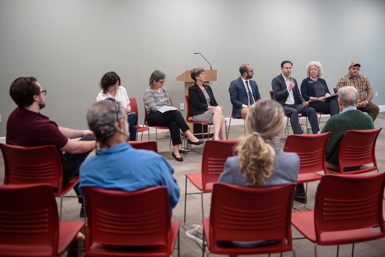 From left, Representative Lindsey Prather, Holly Jones, Senior Policy Advisor and Program Manager at North Carolina Department of Justice, Senator Julie Mayfield, Representative Caleb Rudow, Drew Christy, Director of Governor Roy Cooper’s Western Office, Erica Anderson, Deputy Director and Economic and Community Development Director at Land of Sky Regional Council and Representative Eric Ager.