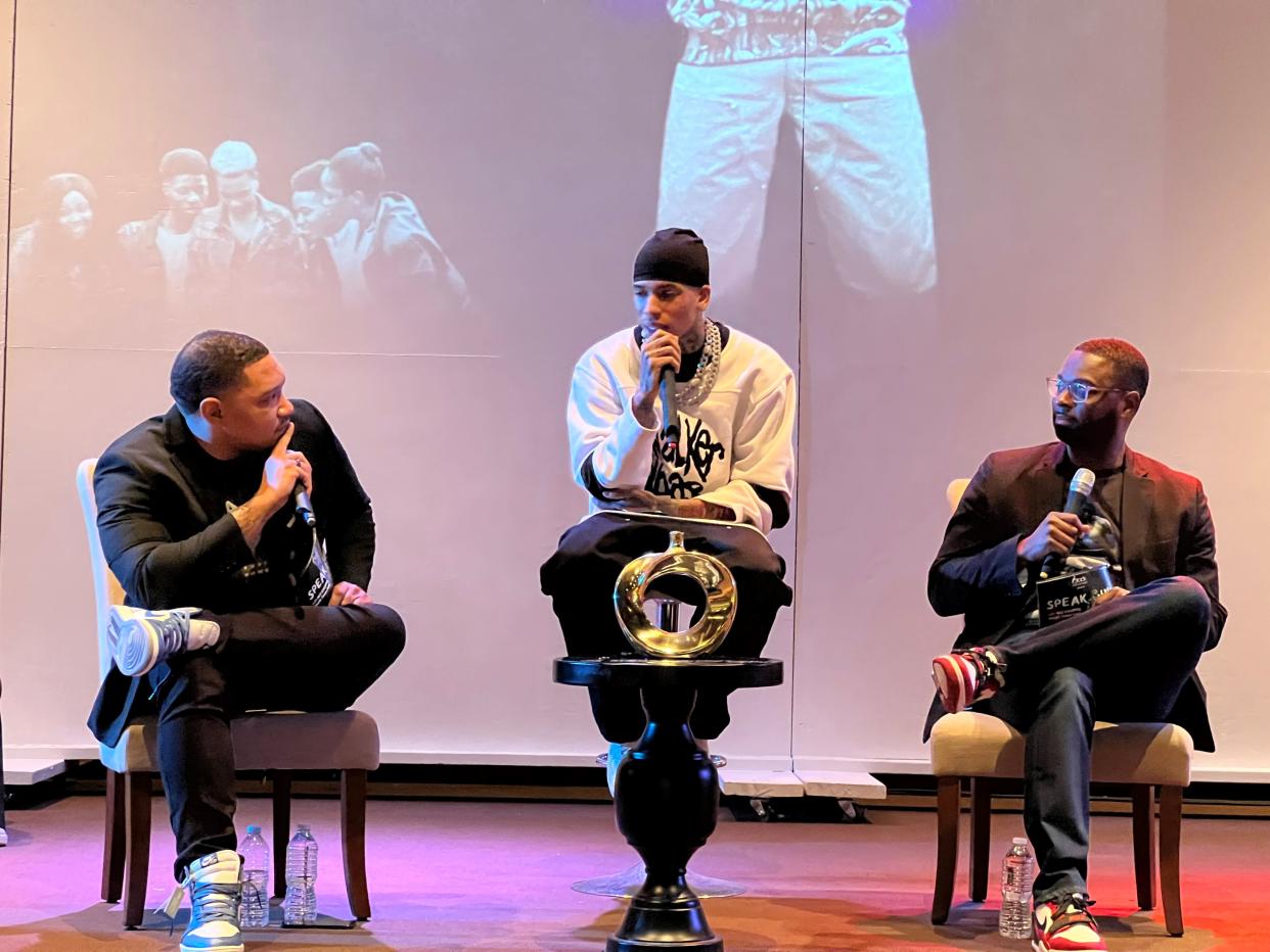 NLE Choppa (center) speaks with Memphis kids about mental health and crime at Black Men Crowned's second Speak Up event. The panel also featured Steven Sanders (left), Black Men Crowned's vice president, and Paul Young (right), president and CEO of the Downtown Memphis Commission and Memphis mayoral candidate.