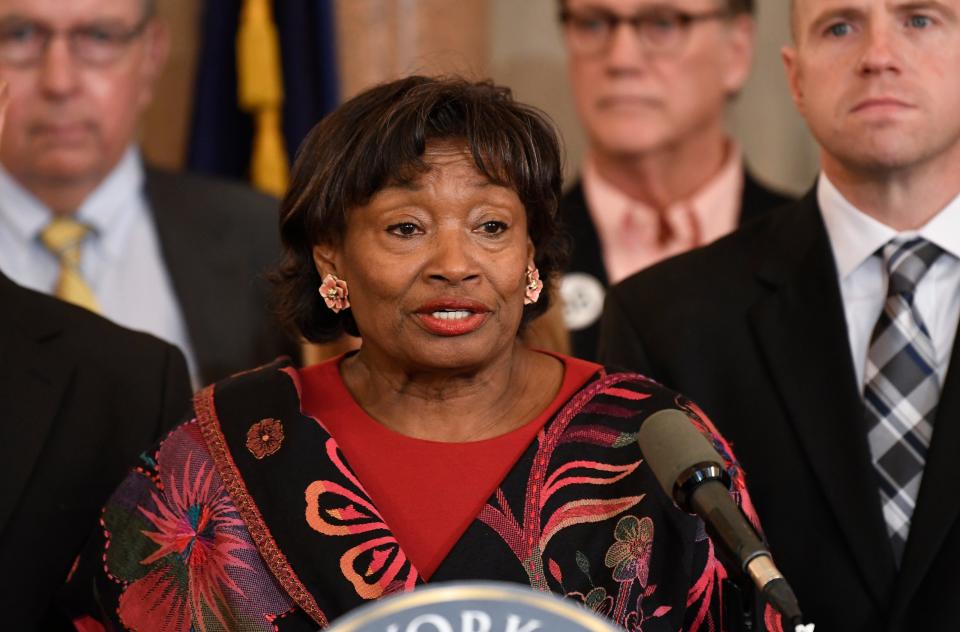 In this Jan. 14, 2020 file photo, New York Senate Majority Leader Andrea Stewart Cousins addresses the media at the state Capitol in Albany.