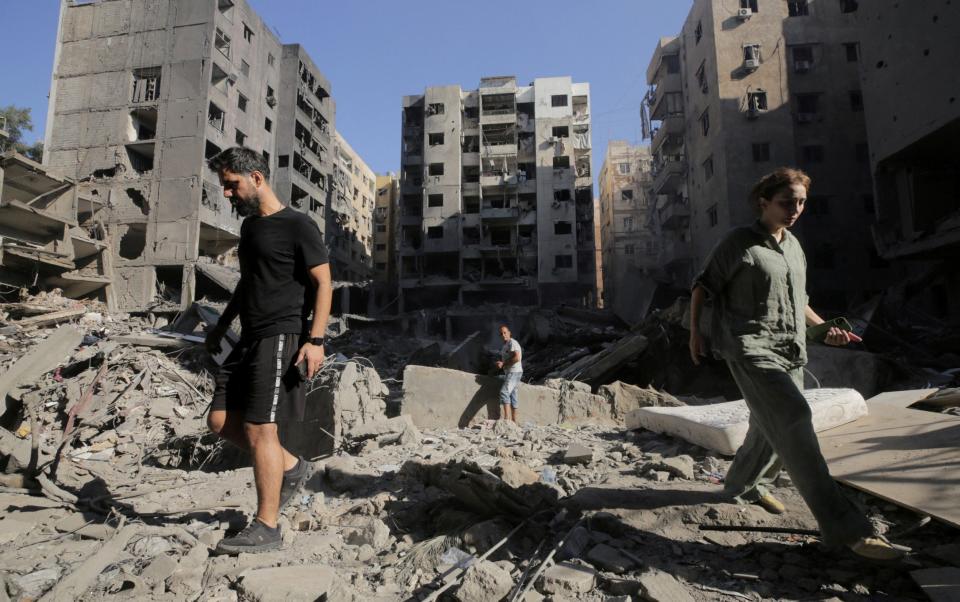 The remains of the buildings destroyed by an Israeli air strike that killed Hezbollah leader Hassan Nasrallah and 19 others on Friday