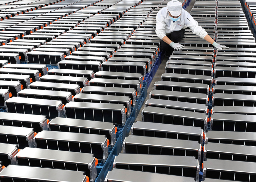 Worker with aisles of batteries at a factory.