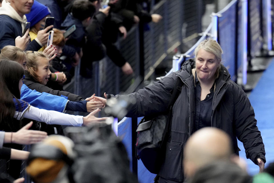 Chelsea manager Emma Hayes arrives ahead of the Women's Super League soccer match against Liverpool, at Stamford Bridge, in London, Saturday, Nov. 18, 2023. (John Walton/PA via AP)