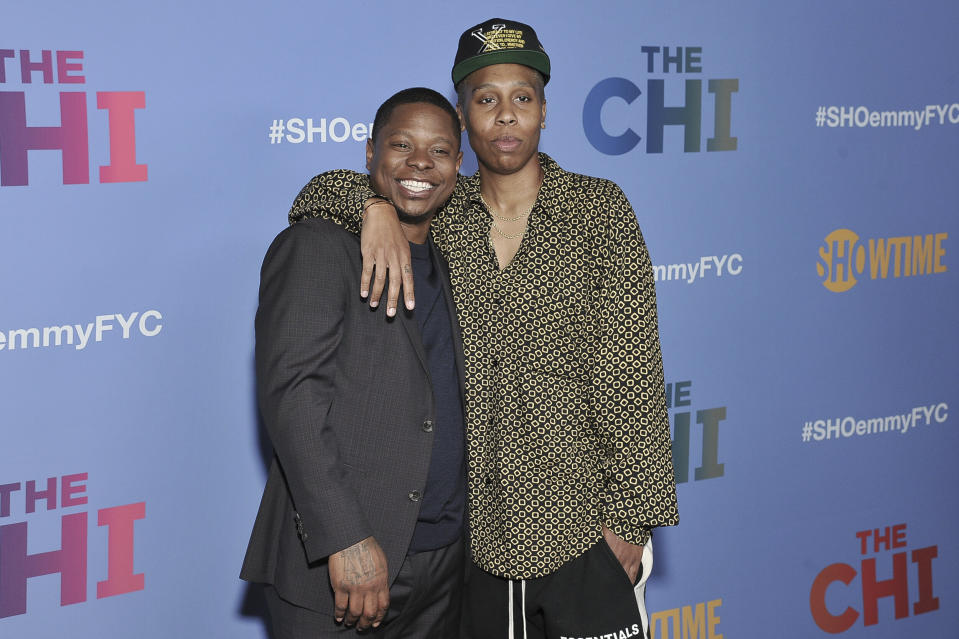 Jason Mitchell, left, and Lena Waithe attend "The Chi" FYC Event at the Pacific Design Center on Wednesday, April 10, 2019, in Los Angeles. (Photo by Richard Shotwell/Invision/AP)