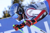 Austria's Marco Schwarz starts the super G portion of an alpine ski, men's World Championship combined race, in Courchevel, France, Tuesday, Feb. 7, 2023. (AP Photo/Alessandro Trovati)