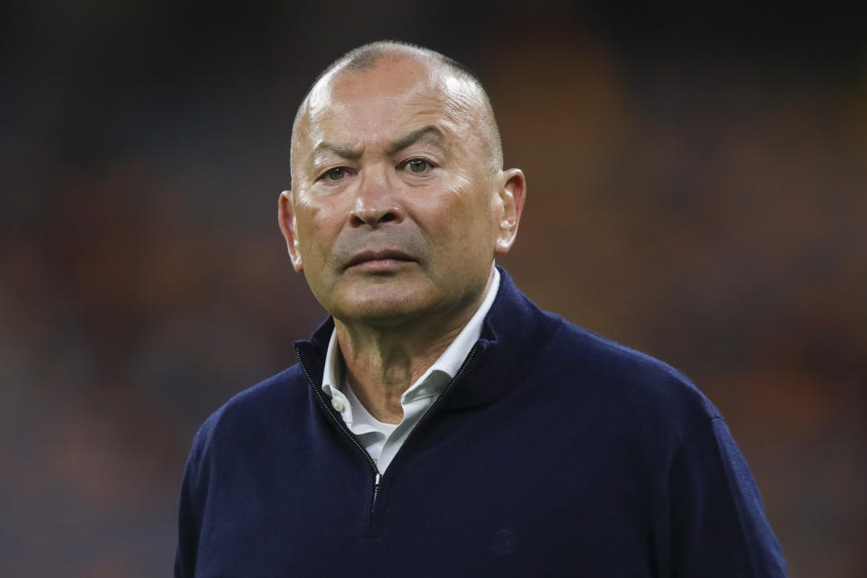 England coach Eddie Jones watches his players warm-up ahead the rugby international between England and the Wallabies in Perth, Australia, Saturday, July 2, 2022. (AP Photo/Gary Day)