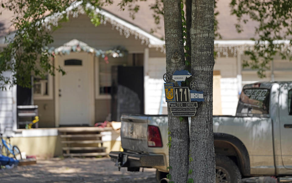 A home is shown Sunday, April 30, 2023, where a mass shooting occurred Friday night, in Cleveland, Texas. The search for a man who allegedly shot his neighbors after they asked him to stop firing off rounds in his yard stretched into a second day Sunday, with authorities saying the man could be anywhere by now. Francisco Oropeza, 38, fled after the shooting Friday night that left several people dead, including a young boy. (AP Photo/David J. Phillip)