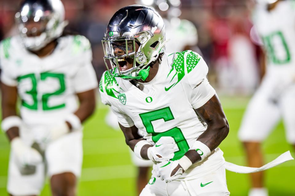 Khyree Jackson of Oregon shouts during a September game against Texas Tech. [John E. Moore III/Getty Images]