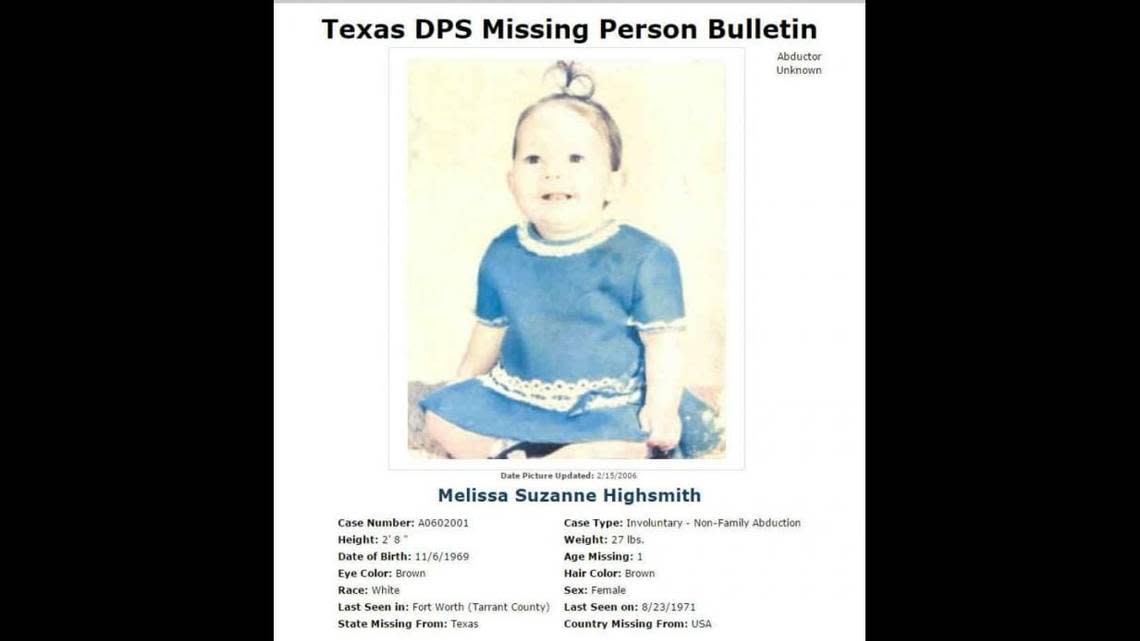 A Texas Department of Public Safety missing person bulletin for Melissa Highsmith, who was kidnapped as a toddler in 1971 and found in November 2022 in Fort Worth.