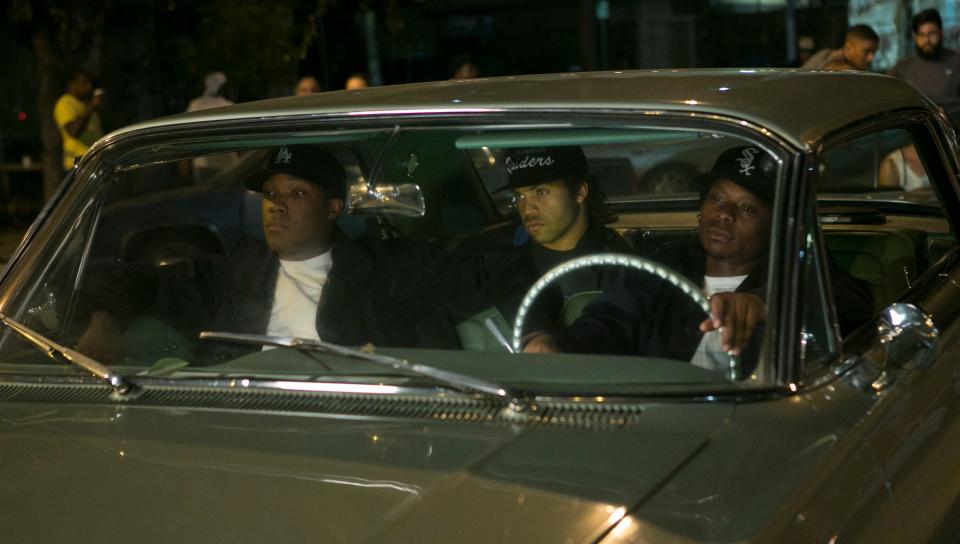 Dr. Dre (Corey Hawkins, left), Ice Cube (O'Shea Jackson, Jr.) and Eazy-E (Jason Mitchell) in a scene from the hit N.W.A biopic "Straight Outta Compton".