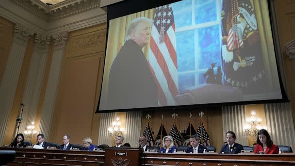 PHOTO: A photo of former President Donald Trump is shown during a hearing by the House Select Committee to Investigate the January 6th Attack on the U.S. Capitol in the Cannon House Office Building in Washington, Oct. 13, 2022. (Drew Angerer/Getty Images)