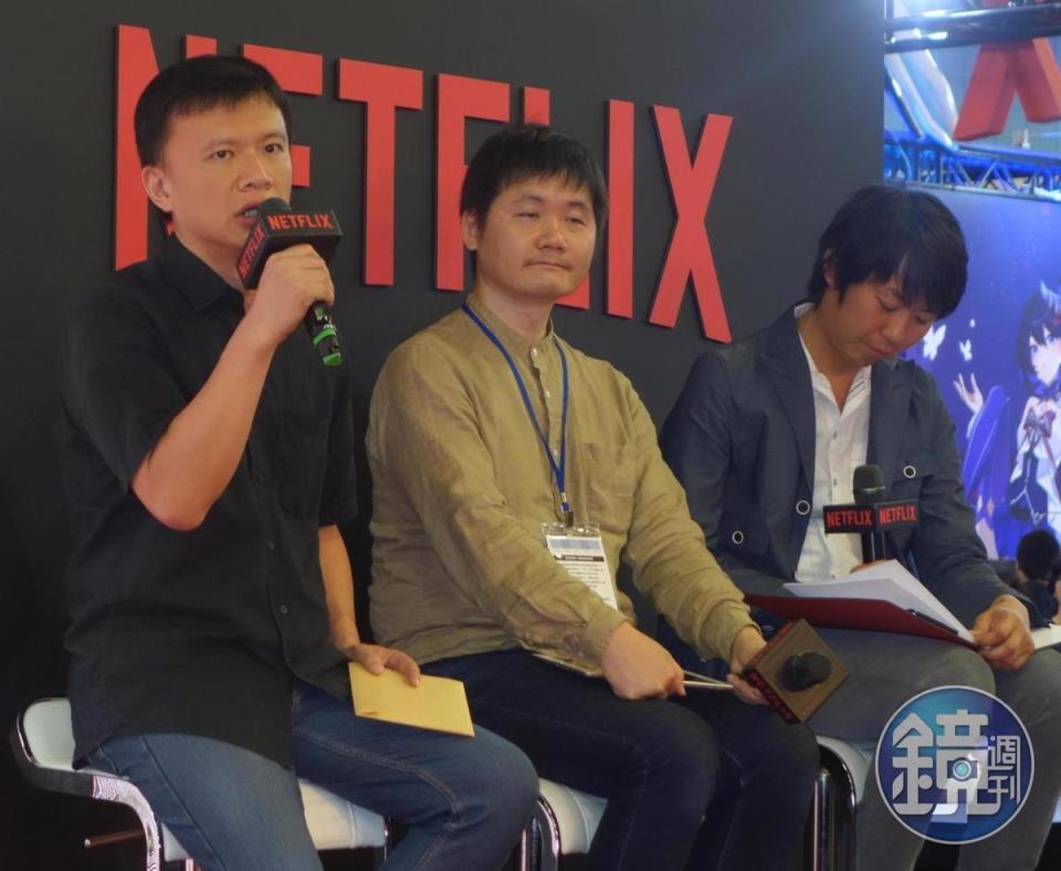 「西基動畫」動畫導演彭喜浩（左）、日本動畫導演入江泰浩（中）2019年就在台北漫畫博覽會公布《伊甸》的製作計畫。（本刊資料照）