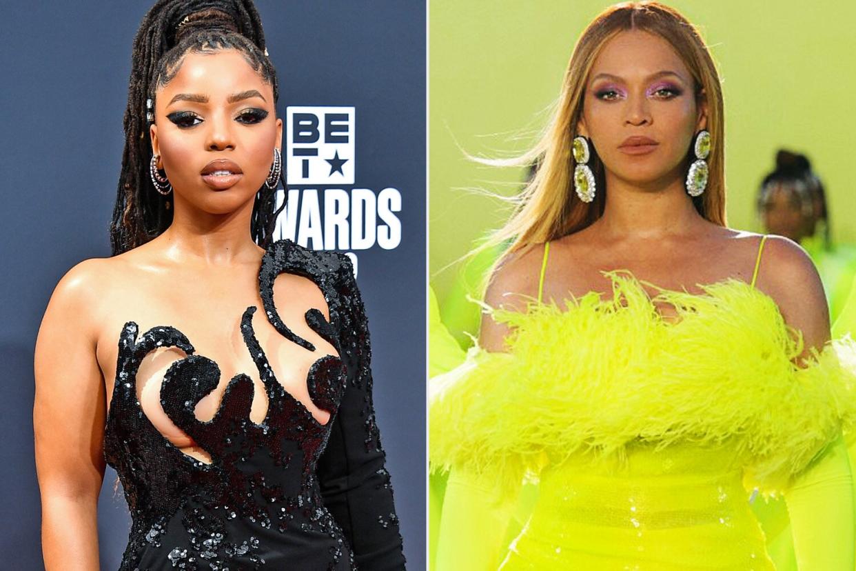 Chloe Bailey attends the 2022 BET Awards at Microsoft Theater on June 26, 2022 in Los Angeles, California. (Photo by Paras Griffin/Getty Images for BET); A.M.P.A.S., Beyoncé performs during the ABC telecast of the 94th Oscars® on Sunday, March 27, 2022 in Los Angeles, California. (Photo by Mason Poole/A.M.P.A.S. via Getty Images)