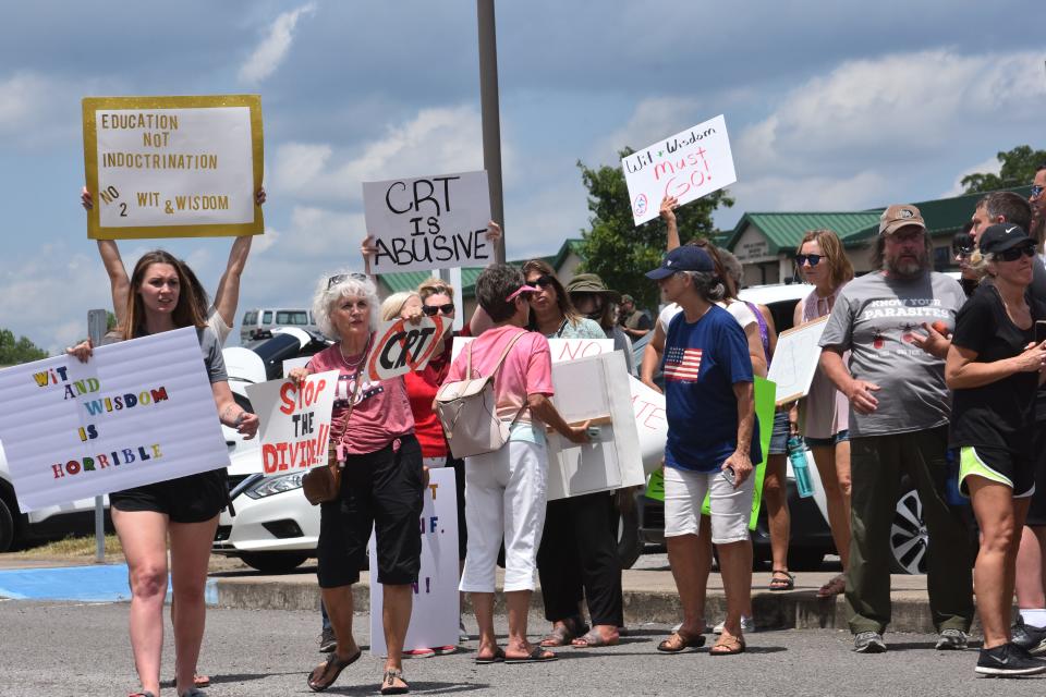 Parents protest Critical Race Theory at Benny Bills Elementary School during the Tennessee Department of Education's 2021 Accelerating TN Tour.