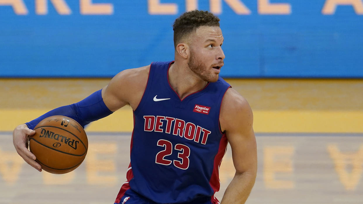 Detroit Pistons forward Blake Griffin (23) against the Golden State Warriors during an NBA basketball game in San Francisco, Saturday, Jan. 30, 2021. (AP Photo/Jeff Chiu)