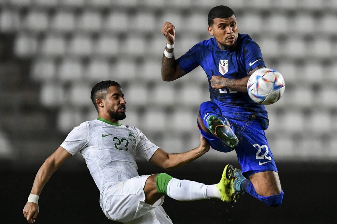 Inter Miami right back DeAndre Yedlin (right), playing for the U.S. national team, battles a Saudi Arabian player in a 0-0 tie on Sept. 27, 2022 in Murcia, Spain. It was a World Cup warmup for both teams.