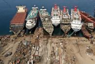 A drone image shows decommissioned cruise ships being dismantled at Aliaga ship-breaking yard in the Aegean port city of Izmir