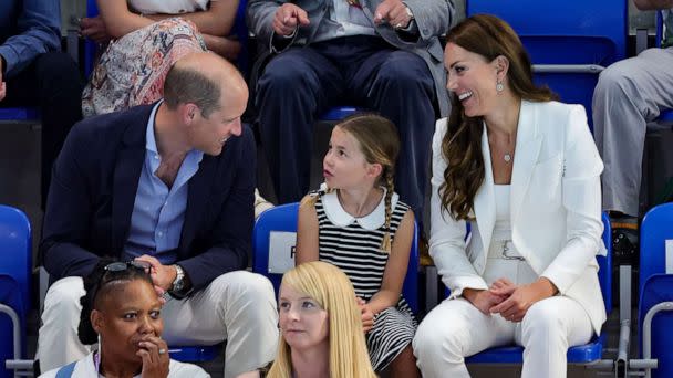 PHOTO: Prince William, Duke of Cambridge, Princess Charlotte of Cambridge and Catherine, Duchess of Cambridge attend the Sandwell Aquatics Centre during the 2022 Commonwealth Games, Aug. 2, 2022, in Birmingham, England. (Chris Jackson/Getty Images)