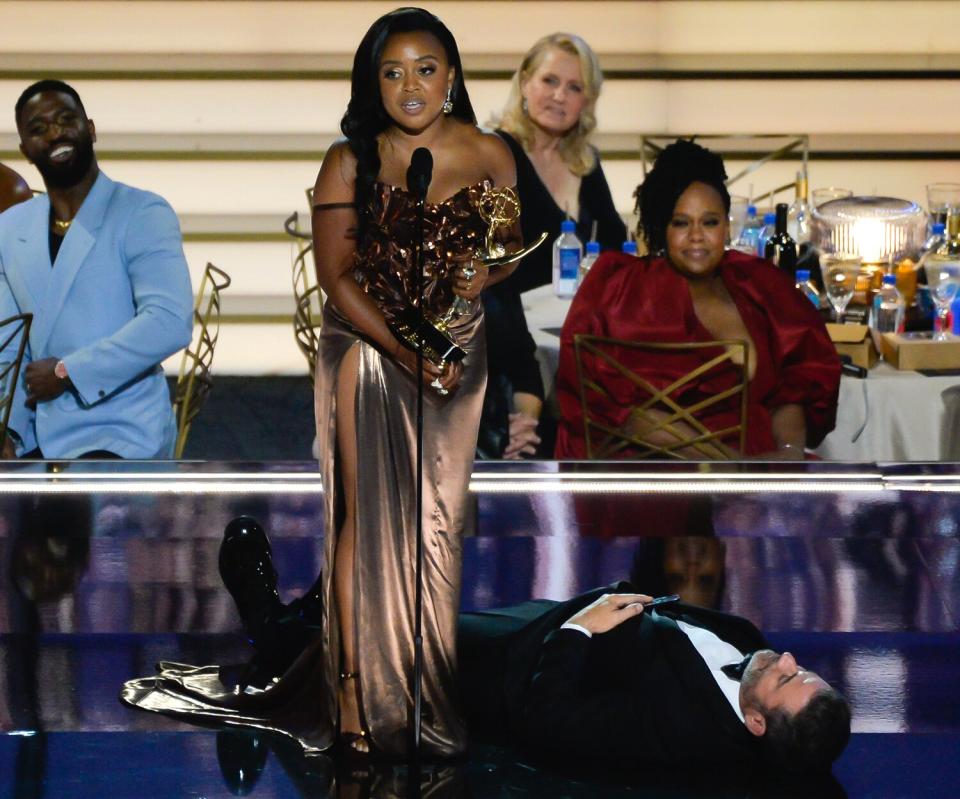 Quinta Brunson accepts the Outstanding Writing for a Comedy Series award for 'Abbott Elementary' onstage during the 74th annual Primetime Emmy Awards