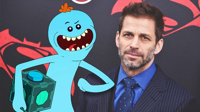 An image shows a Mr. Meeseeks next to Zack Snyder in a suit. 