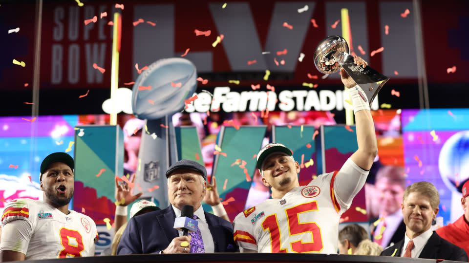 Patrick Mahomes celebrates with the the Vince Lombardi Trophy after defeating the Philadelphia Eagles 38-35 in Super Bowl LVII. - Christian Petersen/Getty Images