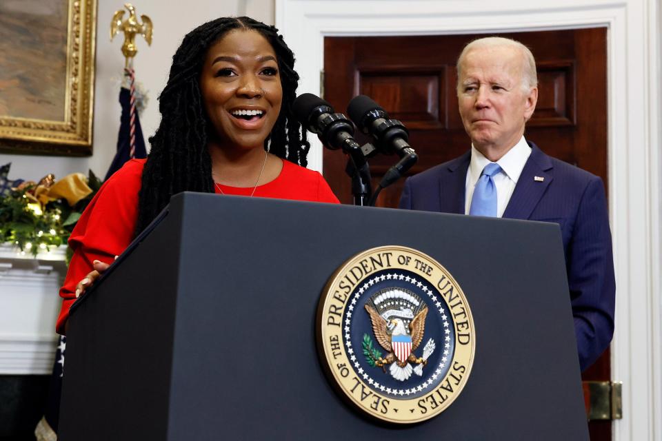 Cherelle Griner (L), wife of Olympian and WNBA player Brittney Griner, speaks after U.S. President Joe Biden announced her release from Russian custody, at the White House on December 08, 2022 in Washington, DC. Griner was released as part of a prisoner swap that involved Russian arms dealer Viktor Bout. Biden was joined by U.S. Secretary of State Anthony Blinken and Vice President Kamala Harris.