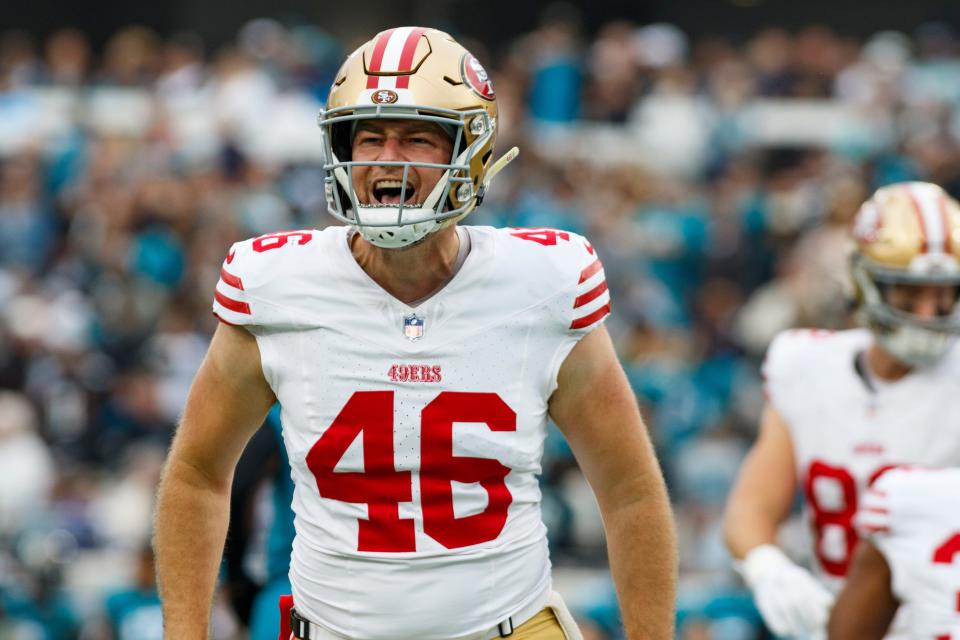 San Francisco 49ers long snapper Taybor Pepper (46) celebrates against the Jacksonville Jaguars during a Nov. 12, 2023 game at EverBank Stadium.