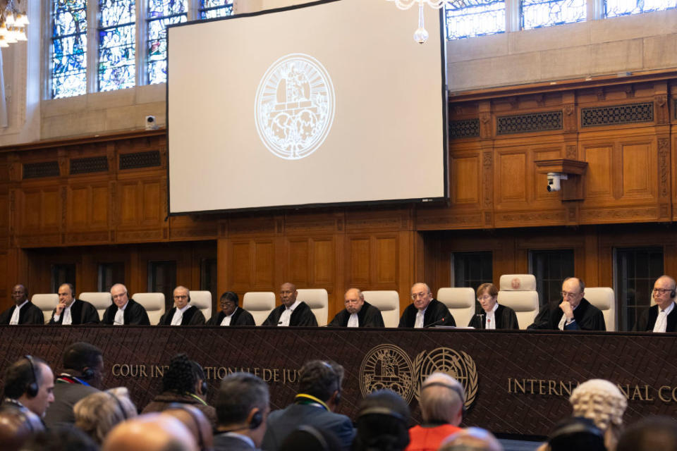 The International Court of Justice (ICJ) delivers an order on South Africa's genocide case against Israel on January 26, 2024 in The Hague, Netherlands.<span class="copyright">Michel Porro—Getty Images</span>