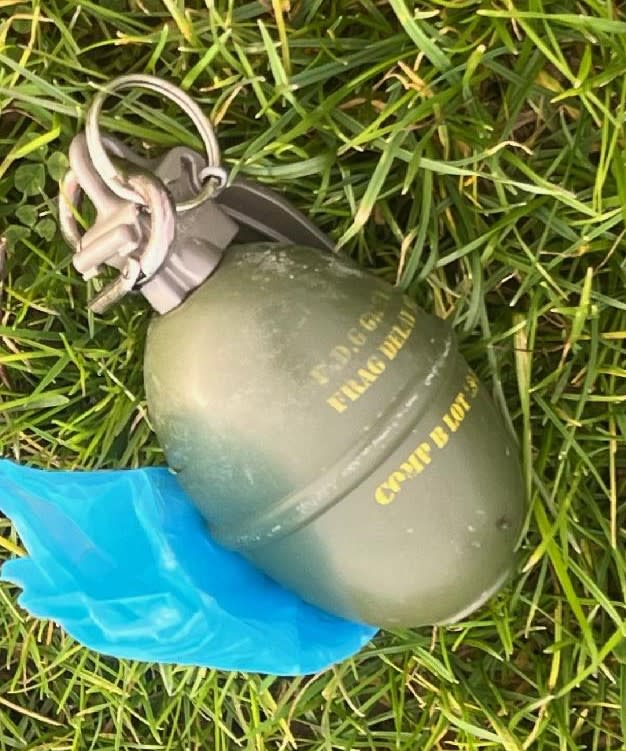這枚「手榴彈」竟然是一個造型狗屎袋。（圖／翻攝自臉書）