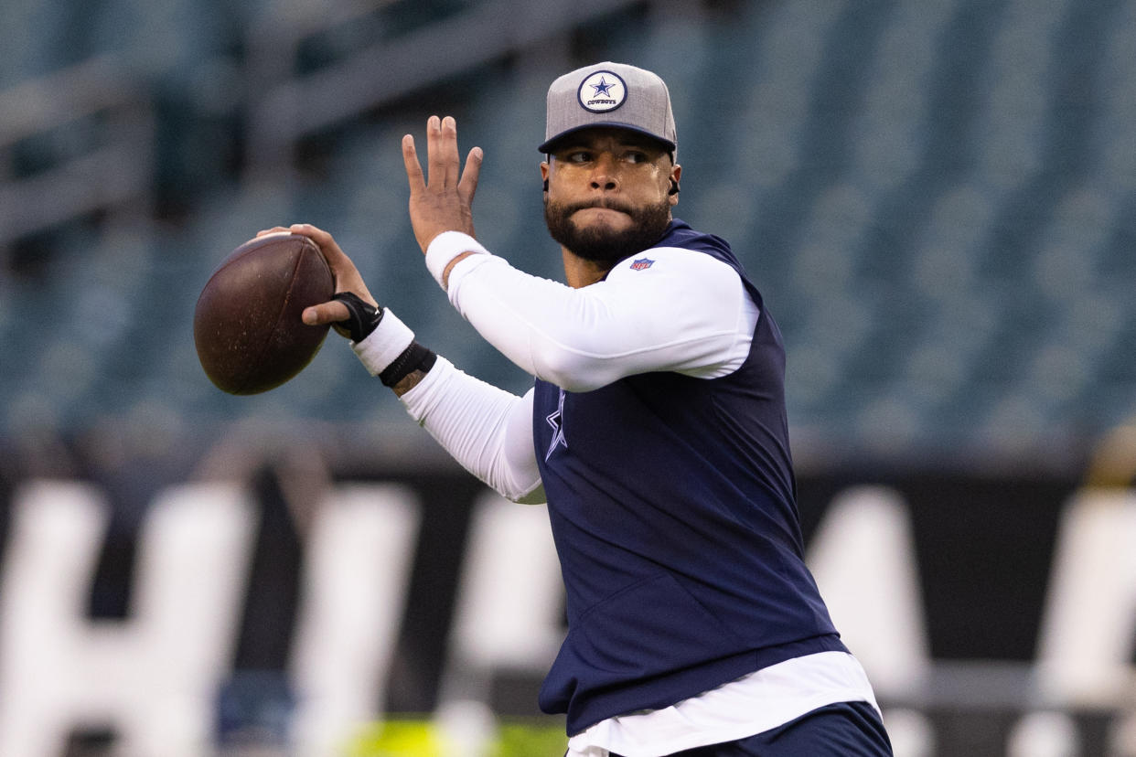 Oct 16, 2022; Philadelphia, Pennsylvania, USA; Dallas Cowboys quarterback Dak Prescott throws the ball before a game against the Philadelphia Eagles at Lincoln Financial Field. Mandatory Credit: Bill Streicher-USA TODAY Sports