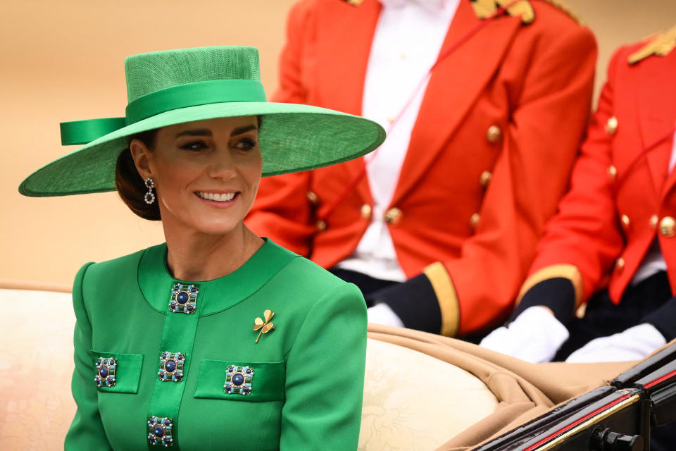 Britain's Catherine, Princess of Wales arrives in a horse-drawn carriage on Horse Guards Parade for the King's Birthday Parade, 'Trooping the Colour', in London on June 17, 2023. The ceremony of Trooping the Colour is believed to have first been performed during the reign of King Charles II. Since 1748, the Trooping of the Colour has marked the official birthday of the British Sovereign. Over 1500 parading soldiers and almost 300 horses take part in the event. (Photo by Daniel LEAL / AFP) (Photo by DANIEL LEAL/AFP via Getty Images)