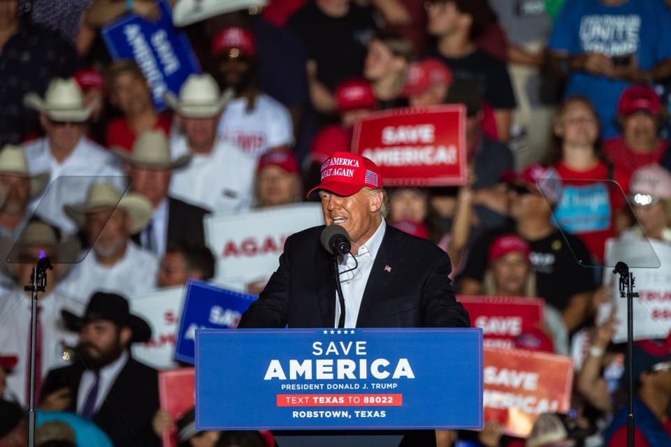 Former President Donald Trump delivers a speech at the Richard M. Borchard Regional Fairgrounds in Robstown, Texas on Saturday, Oct. 22, 2022.