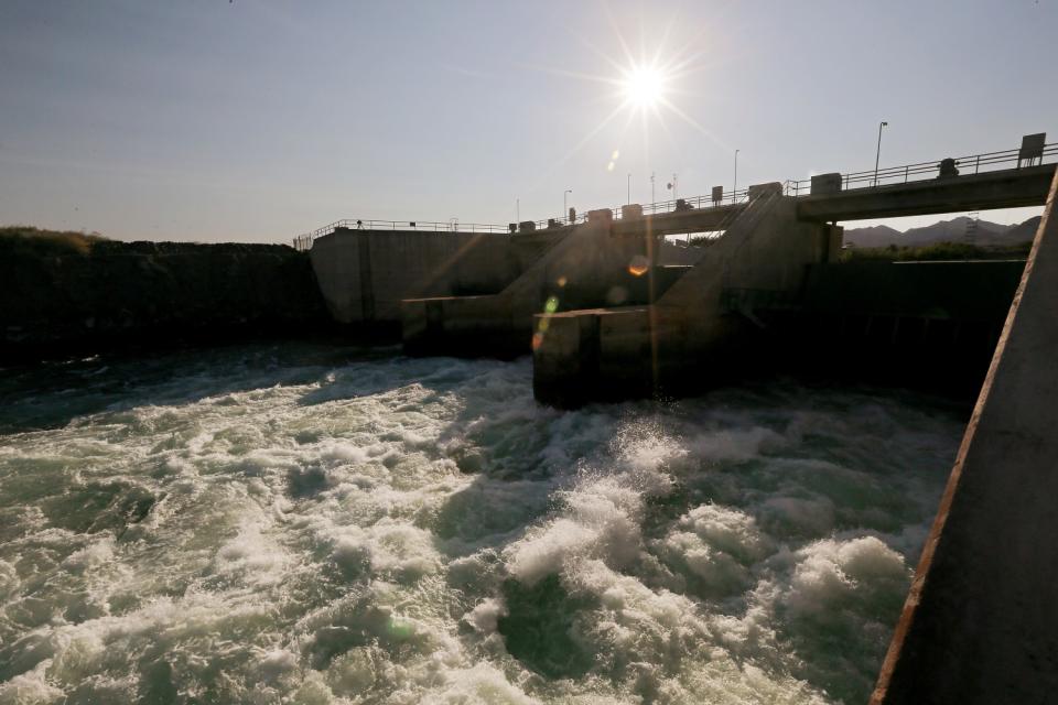 The Colorado River churns through the Palo Verde Diversion Dam near Blythe.