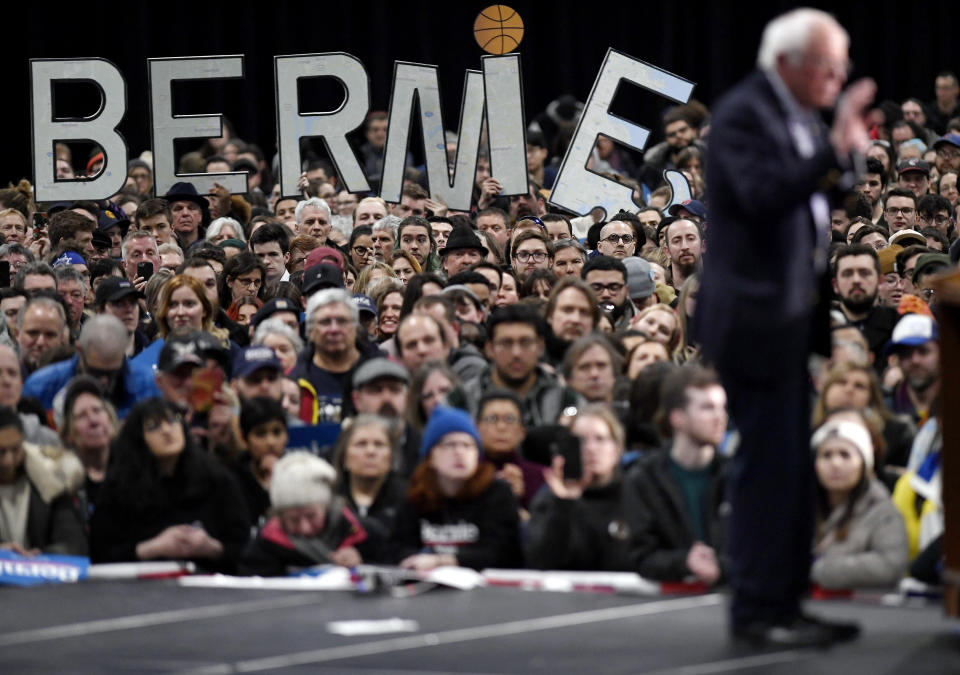 Democratic presidential candidate Sen. Bernie Sanders, I-Vt., speaks during a campaign event, Friday, Feb. 28, 2020, in Springfield, Mass. (AP Photo/Jessica Hill)