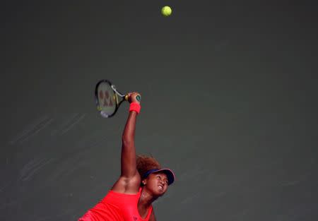 Tennis - Pan Pacific Open Women's Singles Final match - Ariake Coliseum, Tokyo, Japan - 25/09/16. Naomi Osaka of Japan serves the ball against Caroline Wozniacki of Denmark. REUTERS/Issei Kato