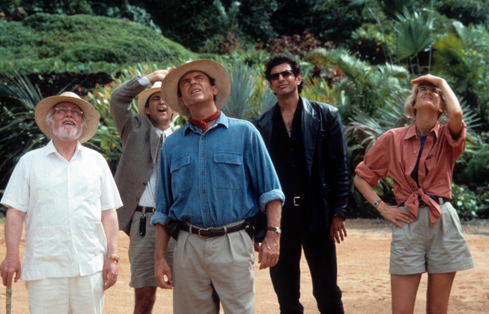 From left to right, Richard Attenborough, Martin Ferrero, Sam Neill, Jeff Goldblum and Laura Dern look up in a scene from the film 'Jurassic Park', 1993. (Photo by Universal/Getty Images)