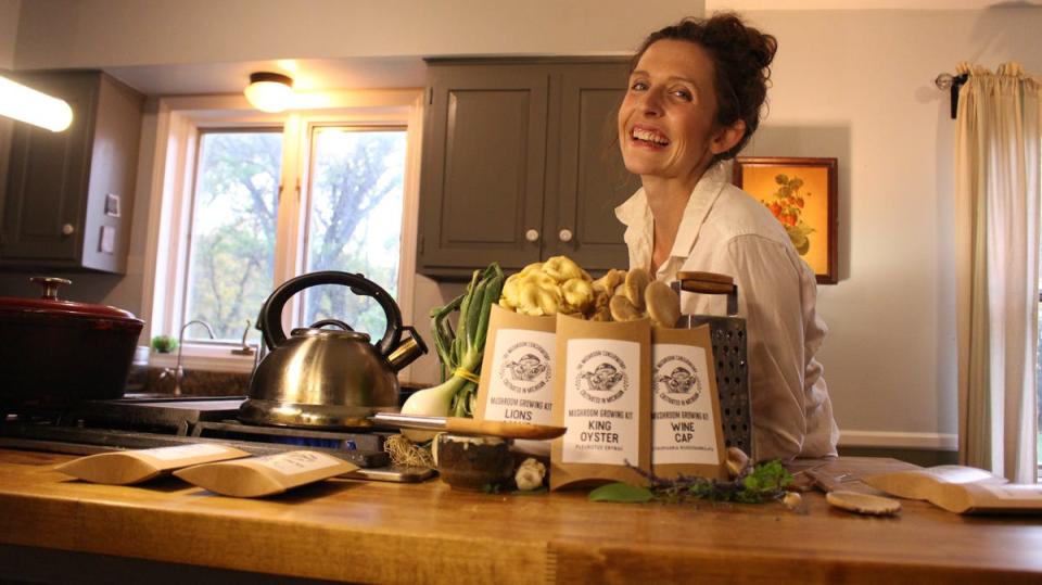 The Mushroom Conservatory founder Erin Hamilton shows some of her DIY gourmet mushroom growing kits.