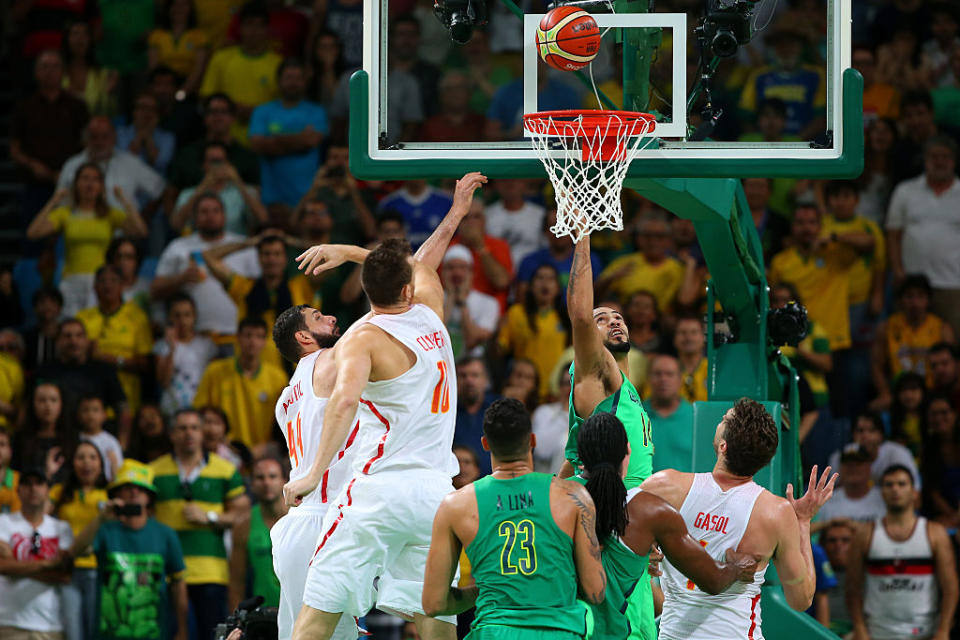 Marcus Vinicius Marquinhos of Brazil scores the winning basket against Spain on Day 4 of the Rio 2016 Olympic Games. (Alex Livesey/Getty Images)