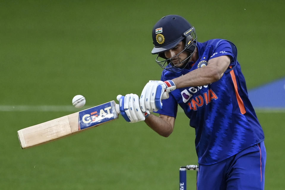 India's Shubman Gill bats against New Zealand during their one day international cricket match in Hamilton, New Zealand, Sunday, Nov. 27, 2022. (Andrew Cornaga/Photosport via AP)