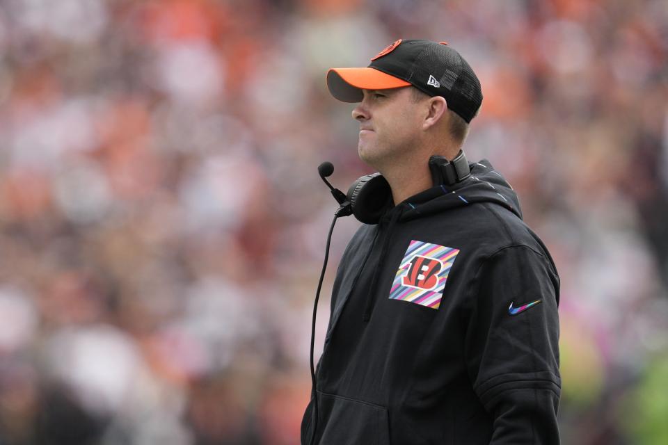 Cincinnati Bengals head coach Zac Taylor watches during the first half of an NFL football game against the Seattle Seahawks, Sunday, Oct. 15, 2023, in Cincinnati. (AP Photo/Jeff Dean)