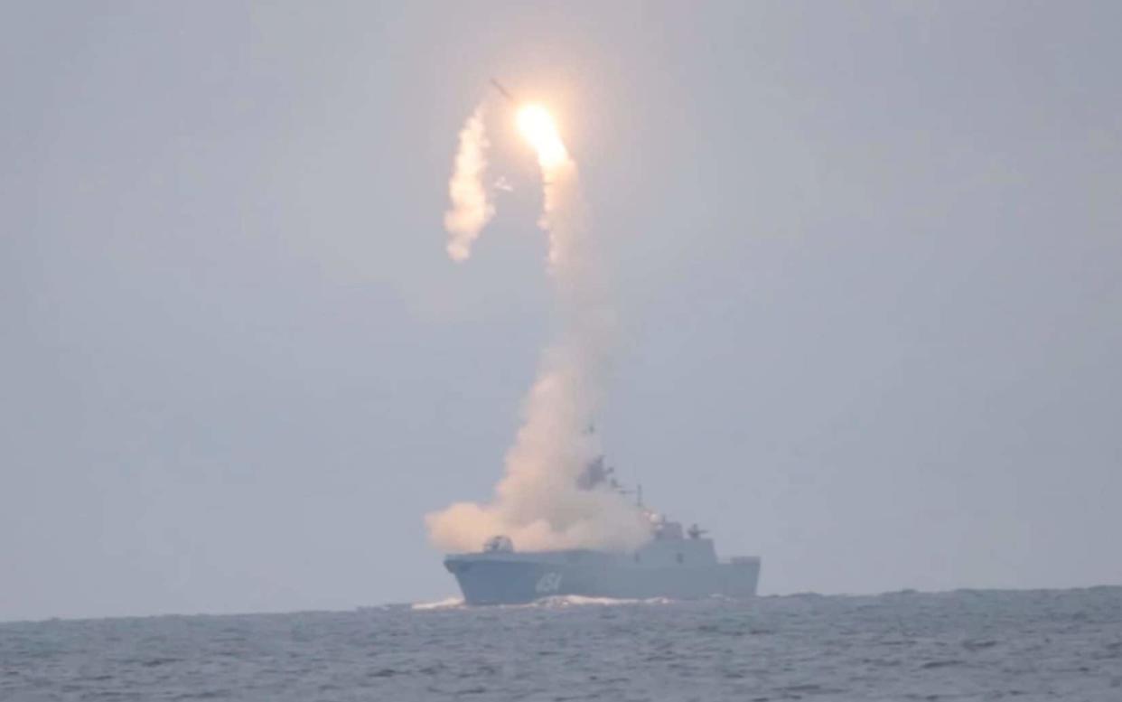 The Tsirkon hypersonic cruise missile is launched from the Russian guided missile frigate Admiral Gorshkov on October 7 - Reuters