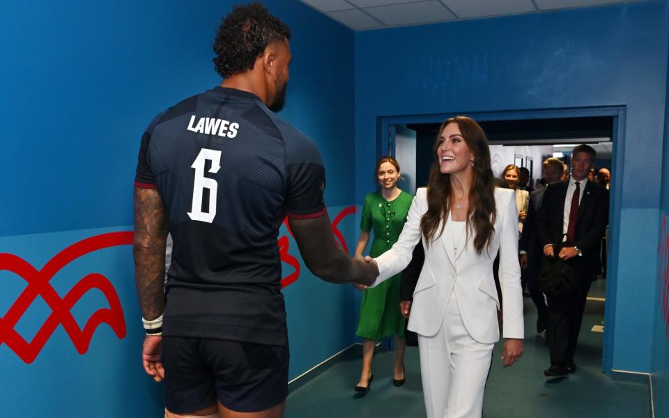 Catherine, Princess of Wales and patron of the English Rugby Football Union meets Courtney Lawes of England after his side's victory in the Rugby World Cup France 2023 match between England and Argentina at Stade Velodrome on September 9, 2023 in Marseille, France