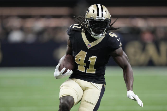 Alvin Kamara of the New Orleans Saints runs with the ball against