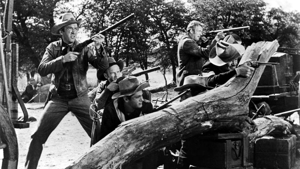 James Stewart, Millard Mitchell, and Tony Curtis in WINCHESTER '73 , 1950.