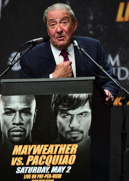 Top Rank chairman Bob Arum speaks at the Floyd Mayweather vs Manny Pacquiao press conference on March 11, 2015 ahead of the May 2 fight in Las Vegas