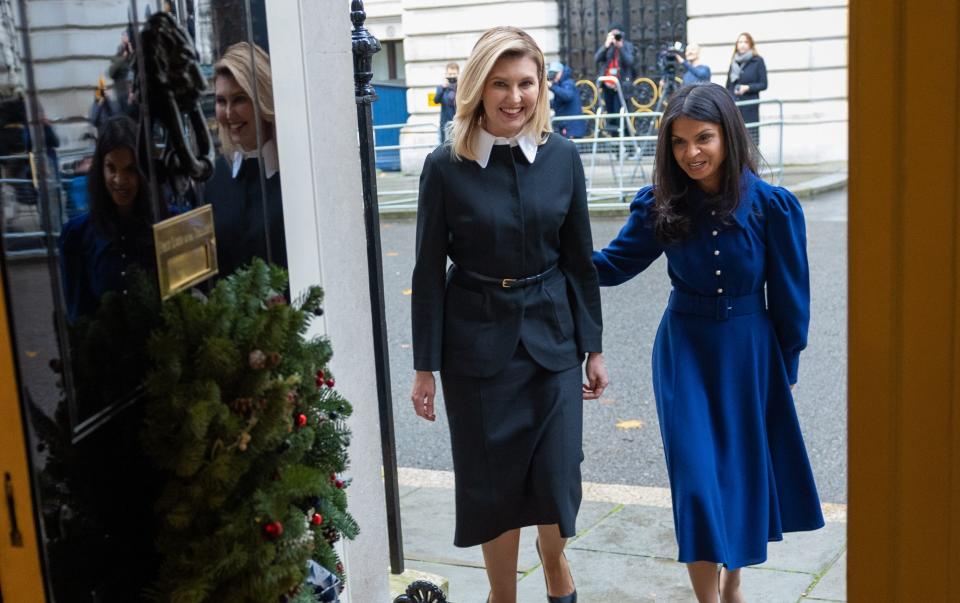 The Prime Minister's wife Mrs Akshata Murthy welcomes the Ukrainian First Lady Olena Zelenska to 10 Downing Street - Simon Walker / No 10 Downing Street