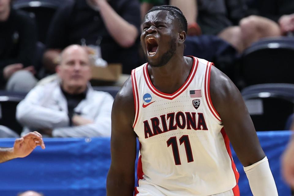 Mar 21, 2024; Salt Lake City, UT, USA; Arizona Wildcats center Oumar Ballo (11) reacts during the second half against Long Beach State 49ers in the first round of the 2024 NCAA Tournament at Vivint Smart Home Arena-Delta Center. Mandatory Credit: Rob Gray-USA TODAY Sports
