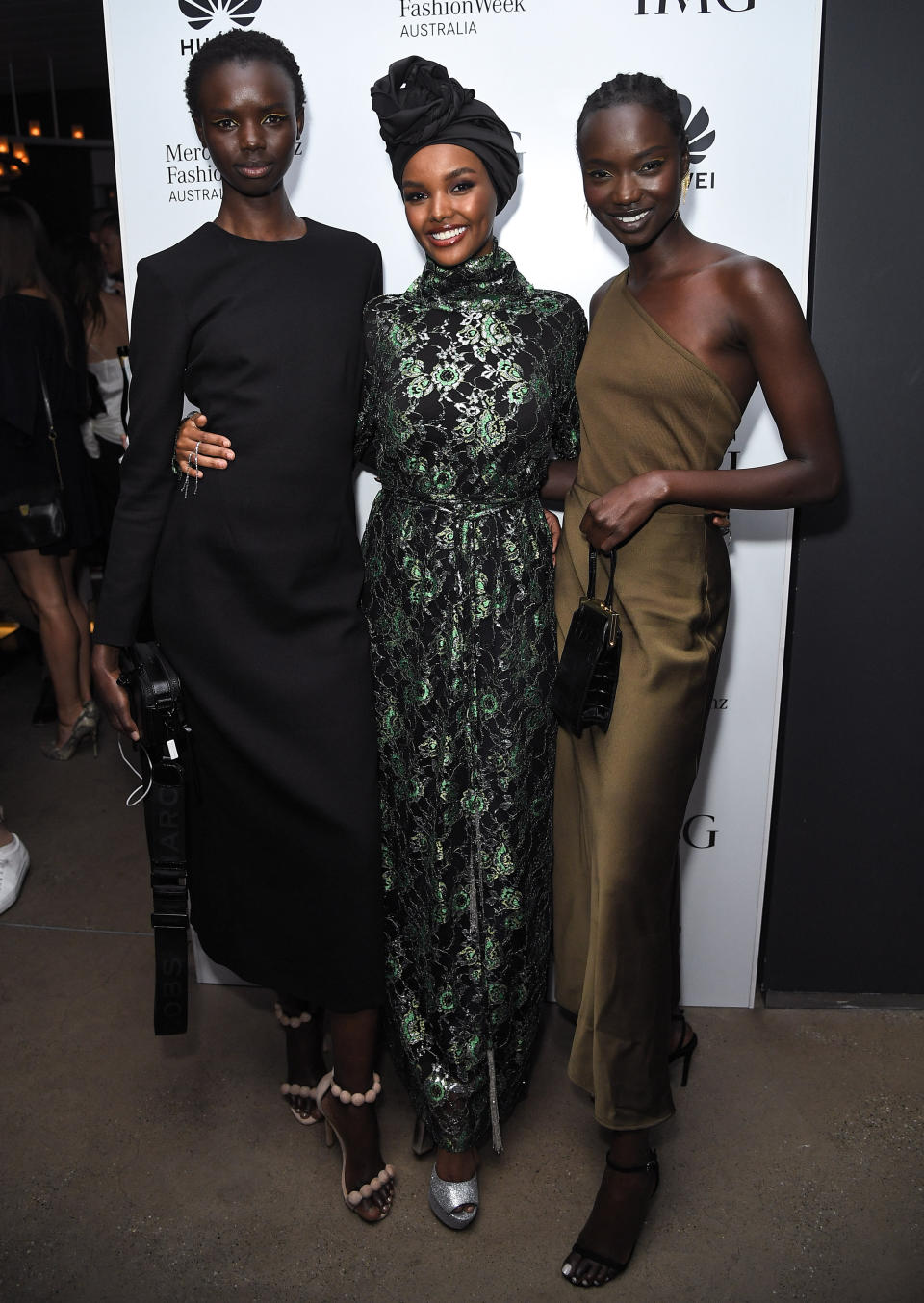 SYDNEY, AUSTRALIA - MAY 16: Halima Aden (centre) attends the Mercedes-Benz Fashion Week Australia official closing party on May 16, 2019 in Sydney, Australia. (Photo by James Gourley/Getty Images)