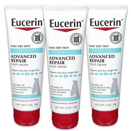 <p><strong>Eucerin</strong></p><p>amazon.com</p><p><strong>$14.97</strong></p><p><a href="https://www.amazon.com/dp/B0009F3M6A?tag=syn-yahoo-20&ascsubtag=%5Bartid%7C2139.g.42527830%5Bsrc%7Cyahoo-us" rel="nofollow noopener" target="_blank" data-ylk="slk:Shop Now" class="link ">Shop Now</a></p><p>Very dry skin can be extremely uncomfortable and even itchy, especially if it's on your feet. The Advanced Repair Foot Cream from Eucerin penetrates deep into super dry feet to soothe and repair rough skin. </p>