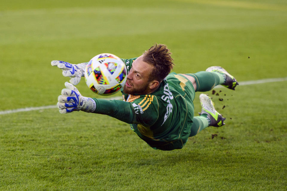CF Montreal goalkeeper Jonathan Sirois (40) attempts to make a save against Toronto during the first half an MLS soccer game, Saturday, May 18, 2024 in Toronto (Chris Katsarov/The Canadian Press via AP)